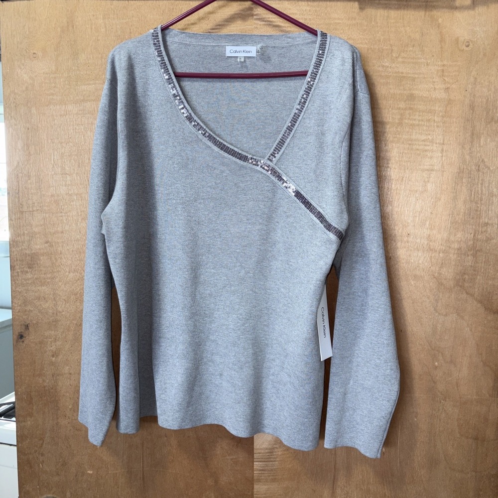 Calvin Klein Sweater Women's Size Extra Large Cross Front Gray NWT